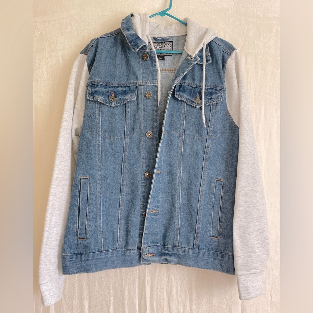 NWT Brooklyn Cloth jeans jacket/hoodie/grey sleeve/Sz L/button up/dk blue/